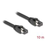 Nærbillede af de to sorte RJ45-stik på et Delock Cat.8.1 S/FTP netværkskabel, der angiver 10 meter længde.