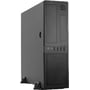 Chieftec mATX-desktopkabinet med sort front, ventilationsgitter, tilslutninger øverst og glat sidepanel.