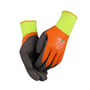 Thor Superflex termohandske 7218 i størrelse 9, heldyppet i latex med orange håndflade og mørkegrå fingre samt neongul kant.