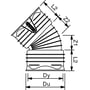 Teknisk tegning af Wavin Rib PP-bøjning 400mm, 45 grader, med dimensioner angivet.