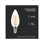 V-TAC 4W LED kertepære med klar filament, E14 fatning, dæmpbar funktion og information om ingen flimmer, kviksølv eller UV-stråling.