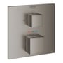 Grohe Grohtherm Cube termostatbatteri i antracit finish, med to firkantede greb og temperaturvisning på 38 grader.