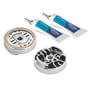 Grohe QuickGlue Set S2 med to tuber QuickFix lim, en monteringsbase og en kromdetalje på hvid baggrund.