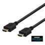 Deltaco sort 7 meter HDMI-kabel ligger diagonalt med begge HDMI-stik synlige og Ethernet-logo ved siden af.