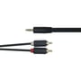 Deltaco sort audiokabel set fra siden med 3,5 mm-hanstik og to RCA-hanstik med rød og hvid markering.