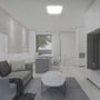En indendørs scene med V-TAC 18W LED loftlyset tændt på loftet over en stue med sofa og sofabord.
