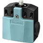 Siemens Sirius positionsafbryder i turkis og sort plastkabinet, 50 mm, med afrundet stempel og synligt Siemens logo.