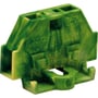 Detaljeret billede af en Wago 2-leder miniklemme 1,5Q med flange, grøn og gul marmoreret, med tydelig mærkning og monteringsfod.