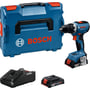 Bosch GSR 18V-65 Professional bore-/skruemaskine med L-BOXX, 2x5Ah batterier og oplader, komplet sæt på hvid baggrund.