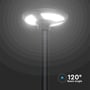 V-TAC LED-solcellehavelampe lyser monteret på en stang, mens grafikken viser lampens lysvinkel på 120 grader.