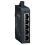 Schneider Electric Modicon unmanaged switch med 5 x 10/100Mbps RJ45 Ethernet-porte og en terminalblok for strømtilslutning.