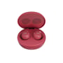 JVC Gumy Mini True Wireless røde earbuds placeret i deres åbne opladningsetui, med tydelig L/R markering.