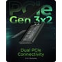 Grafik af ICY BOX-kabinettet med åbent låg og to SSD'er fremhæver PCIe Gen3x2-tilslutning.