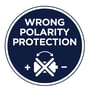 Rundt ikon der illustrerer Vartas 'Wrong Polarity Protection' funktion for batteriopladere, med et kryds over et batteri.