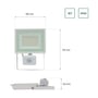 Målskitse af SpectrumLED Noctis Lux 3 LED-projektør med sensor og angivelser for bredde, højde og dybde.