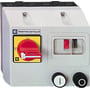 Telemecanique TeSys DOL motorstarter i lysegrå IP65-kapsling med rød drejeknap til on/off og vindue til kontaktindikering.
