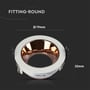 V-TAC GU10 lampe med dimensioner vist: 79mm bredde og 32mm dybde, med hvid ramme og rose guld reflekterende inderside.