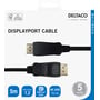 Emballagen til Deltaco DisplayPort-kabel på 5 meter viser kablets stik samt oplysninger om DisplayPort 1.2 og 4K.