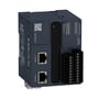 Schneider Electric Modicon M221 PLC med detaljeret visning af mærkater, porte og statusindikatorer, der viser 8 digitale udgange og 2 analoge indgange.