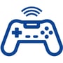 Blå silhuet af en spillekonsol controller med Wi-Fi symbol, der viser batteriernes anvendelse.