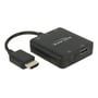 Sort Delock HDMI-lydudtrækker set fra siden med HDMI-stik, kort kabel og lydudgang på huset.