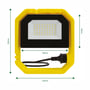 Målskitse af SpectrumLED 30W LED-projektør med pile, der angiver lampens højde, bredde og dybde.