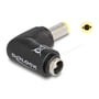 DeLock 90° DC-adapter med 5,5 x 2,5 mm han- og hunstik, hvor hunstikkets åbning og hanstikkets ende ses.