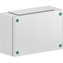 Schneider Electric klemkasse i metal, 150 x 200 x 120 mm, RAL 7035, med fire synlige grønne monteringsskruer på et lukket dæksel.