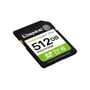 Kingston Canvas Select Plus G3 SDXC-hukommelseskort på 512 GB set skråt forfra med mærkning og gul kontakt.