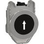 Schneider Electric trykknap i metal med sort, plan overflade og hvid pil opad symbol, inkluderer 1xNO kontaktelement og grå bagside.
