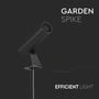 V-TAC LED GARDEN LIGHT spidelampe med sort aluminiumshus og teksten 'GARDEN SPIKE' og 'EFFICIENT LIGHT'.