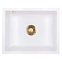 Lavabo Mera 50U hvid køkkenvask i keramik med messingfarvet manuel kurveventil og ingen hanehul.