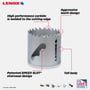 Nærbillede af en Lenox Carbide Tipped hulsav med markeringer for 'Aggressive tooth design', 'Patented SPEED SLOT® staircase design', 'Tall body' og 'High performance carbide'.