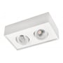 SG Armaturen Cube Lux 2x påbygget downlight i hvid med to lyskilder og 2700K varmt hvidt lys på hvid baggrund.