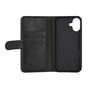 Essensials PU wallet booklet case for iPhone 16 Plus åben og vist fra forsiden, med 3 kortslots og lukkespænde.