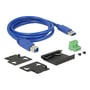 Tilbehør til DeLock 63311 industriel USB-hub: blåt USB-kabel, grøn terminalblok og sorte monteringsbeslag.