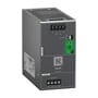 Nærbillede af Schneider Electric Modicon ABLU strømforsyningens frontpanel, der viser mærkat med QR-kode, output- og inputterminaler samt indikatorlys.