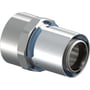 Uponor S-Press kobling med 40mm muffe og 1 1/4" gevind, forkromet messing med synlig preskappe.