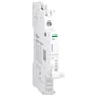 Schneider Electric Acti9 iOF signal kontakt, 1 OC, 100mA til 6A, set fra siden med tydelig mærkning og testknap.