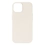 Bagsiden af det hvide Essentials-silikonecover til iPhone 13, 14 og 15 med stor kameraåbning.