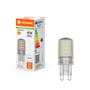 Ledvance LED PIN klar lyskilde med G9 sokkel, 4.2W og 470lm, vist med emballage og energimærke E.