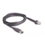 USB-tilslutningskablet til Delock 1D-stregkodescanneren ligger oprullet med USB-A-stik og scannerstik synlige.