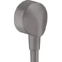Hansgrohe FixFit slangeudtag i børstet sort krom til indbygning, med tilslutningsvinkel i metal på hvid baggrund.