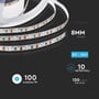 Specifikationer for V-TAC LED strip: 8mm bredde, 24V, 10 meter rulle, 100 lumen/watt, 120 LED/meter.