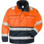 Kansas Fristads Hi-Vis vinterjakke i orange/marine, str. M, vist forfra med lynlås, trykknapper og varm krave med fiberfor.