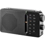 Sangean SR-36 sort AM/FM analog lommeradio med indbygget højtaler, vist fra højre side med fokus på drejeknapper og skaleringsvindue.