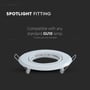 Hvid V-TAC downlight fitting med teksten 'Compatible with any standard GU10 lamp', lamper medfølger ikke.
