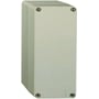 Schneider Electric Trykknapkasse XAPA1100, grå, uden huller, 85x146mm, lavet af glasforstærket polyester, vist fra siden.