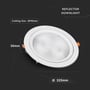 V-Tac 30W LED spotlight med dimensioner angivet: 30mm højde og Ø225mm diameter, samt hulstørrelse Ø195mm.