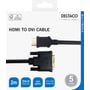 Emballagen til Deltaco HDMI til DVI-D-kablet viser de to stik samt oplysninger om 2 meter og single link.